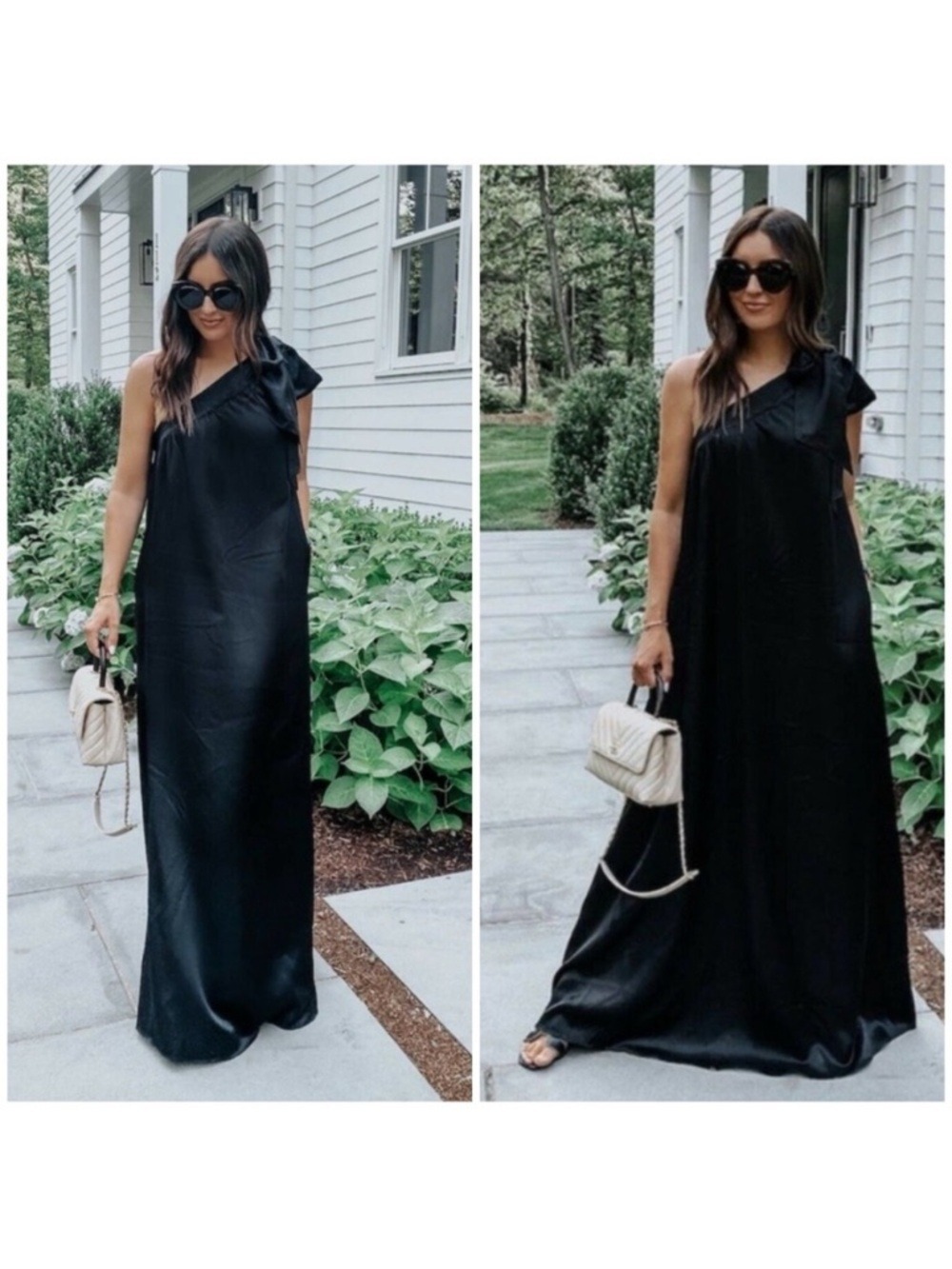 Free People Soa One Shoulder Bow Satin Maxi Dress in Black